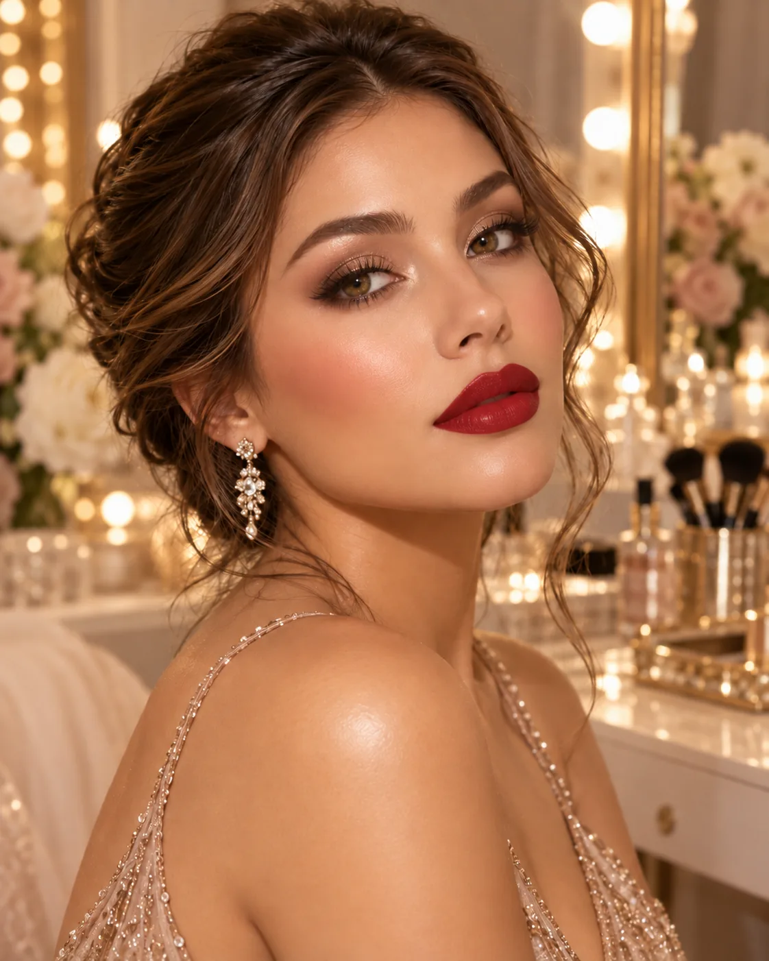 Look 2 de graduación con labios rojos clásicos, ojos suaves y piel luminosa